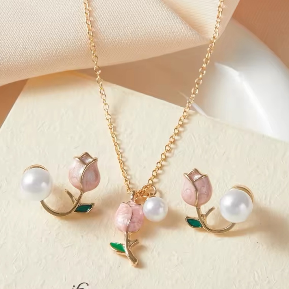Gold Filled Pink Tulip Pearl Jewelry Set